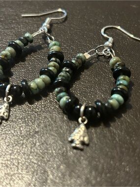 Handmade Turquoise & Black Beaded Hoop Earrings with Silver Charm